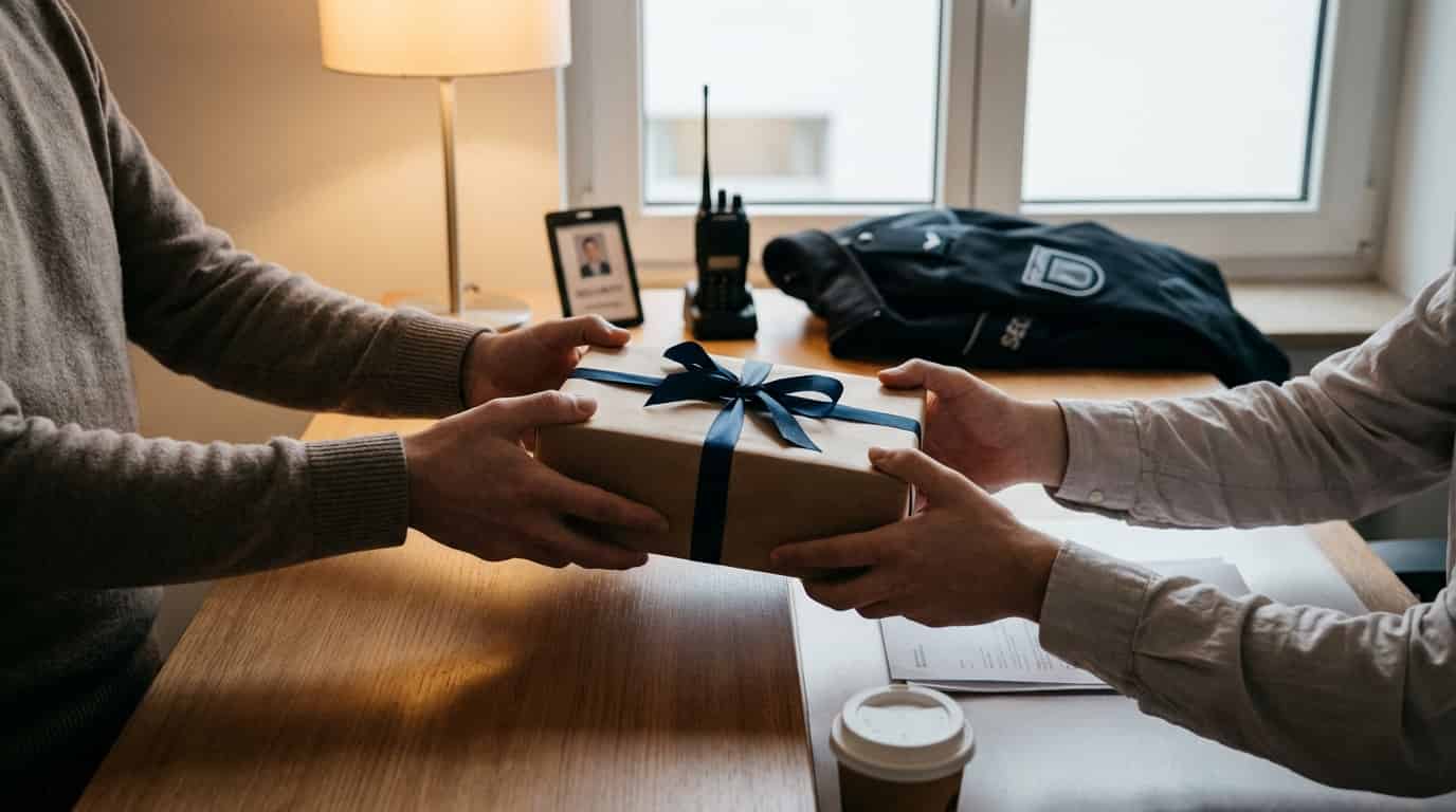 Geschenk mit blauer Schleife wird über einen Schreibtisch gereicht